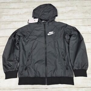 Nike Windbreaker Jacket Kids M Black 850443-011 Hooded Full Zip Mesh Lined New